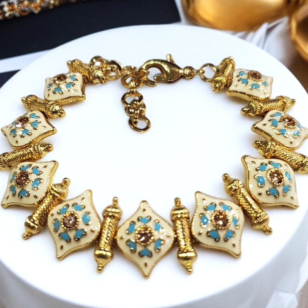 Gold Byzantine Vintage Style Enamel Jeweled Crystal Bracelet